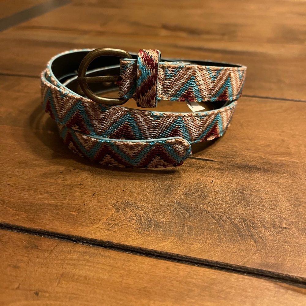 Woven Chevron Slim Belt in Turquoise and Brown